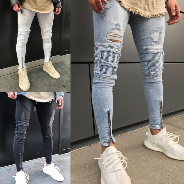 Men Male Ripped Biker Jeans White Blue Black Knee Pleated Ankle