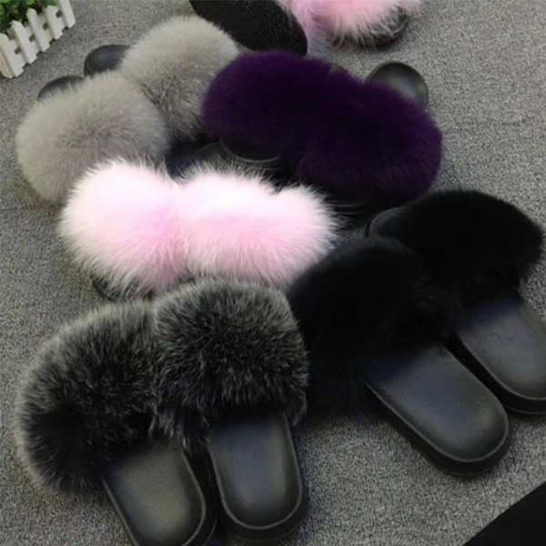 Real Fox Fur Slipper Slider Indoor Outdoor Flat Sandals Flip Flops Shoes 