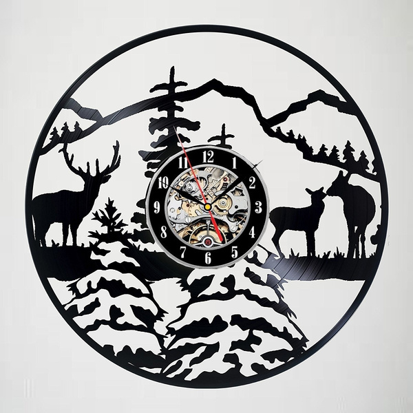 Mountain Landscape With Deers Vinyl Wall Clock Lp Record Home Decor Handmade Art Personality Gift Size 12 Inches Color Black Wish - Vinyl Record Home Decor