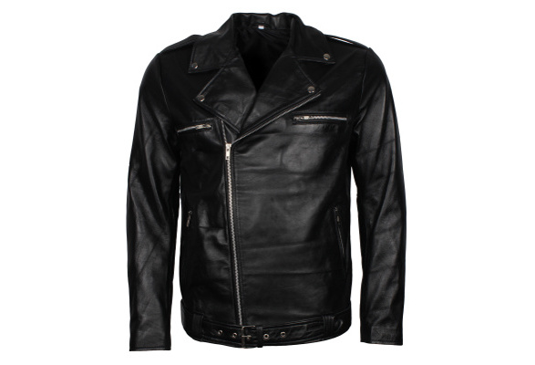 Gangster Style Mens Black coloured Belted Brando Genuine Leather Biker Jacket In Black 