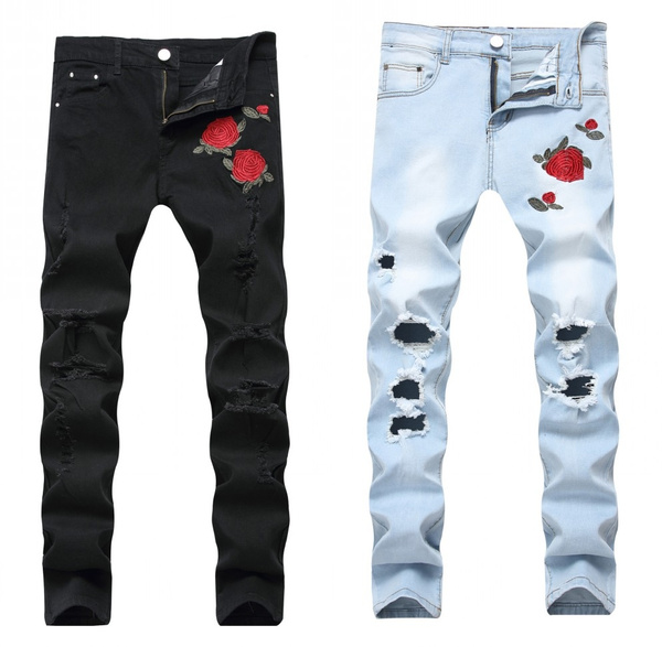 rose embroidered jeans mens