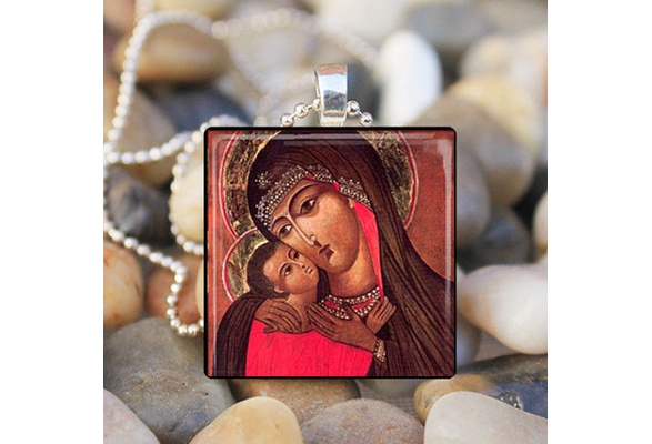 Virgin Mary Baby Jesus Orthodox Religious Art Glass Tile Pendant Necklace