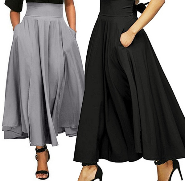 Women High Waist Long Skirt Dress Pleated A Line Front Slit Belted Maxi ...