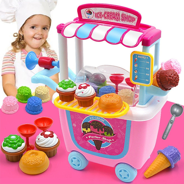 Baby Kids Simulation Ice Cream Shop Dresser Cart Pretend Toy Set Role Play Toys 
