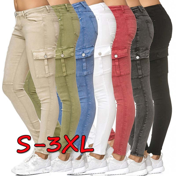 Plus Size Women's Fashion Casual Cargo Pants Side Pockets Skinny Jeans Denim  Long Pants Low Waist Pencil Jeans Slim Fit Leggings(7 Colors)