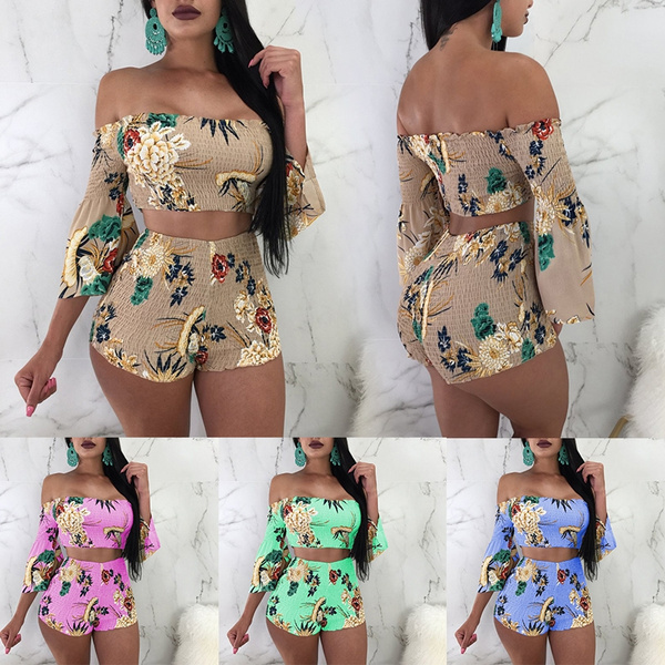 2 Piece Set Women Summer Off Shoulder Flare Sleeve Short Top And High Waist Short  Pants Women Floral Print Casual Two Piece Outfit Party Club Wear