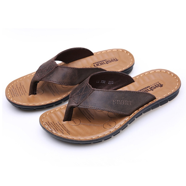 VRYHEID Genuine Leather Men's Slippers Luxury Summer Outdoor Beach Shoes  Non-slip Fashion Flip Flops Comfort Casual Thong Sandal Color: Light Brown,  Shoe Size: 7