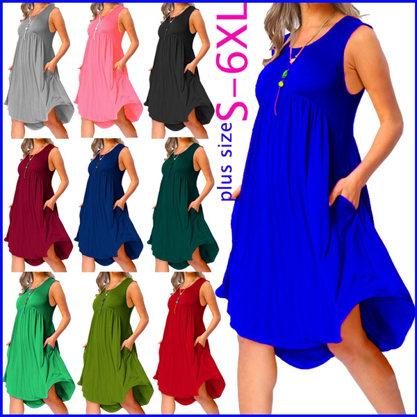 Summer Women Tunics T-shirt Sleeveless Dresses Fold Casual Loose Beach ...
