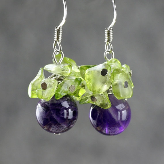 Amethyst peridot grape drop earrings