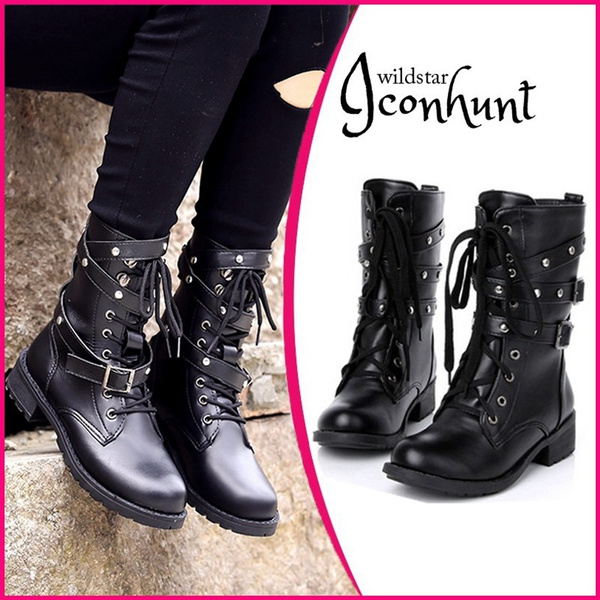 Ladies New Retro Cuffes Buckle Punk Military Rivet Motorcycle Boots Heels Shoes 
