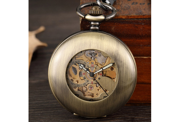 Vintage Bronze Hollow Mechanical Pocket Watch Men Skeleton Steampunk Arabic  Numerals Smooth Hand Wind Fob Watch Chain Pendant | Wish