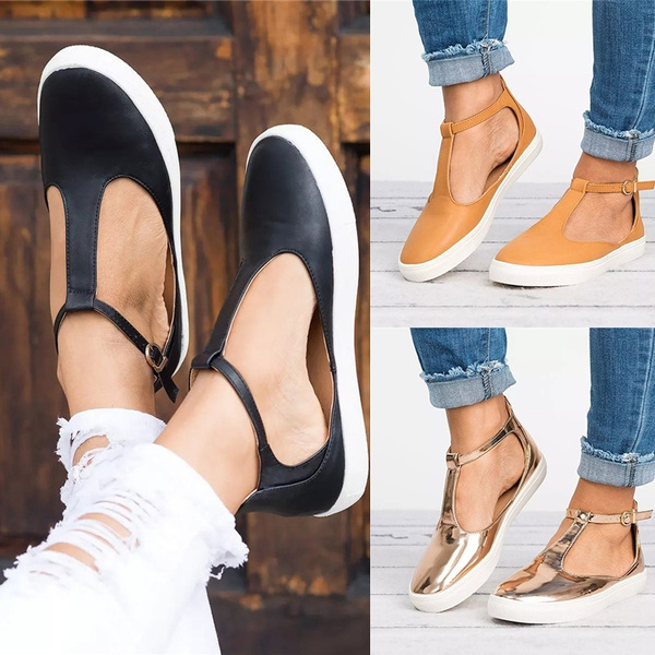 Fashion Women Flats Loafers Cutout Casual Leather Shoes T-Strap ...
