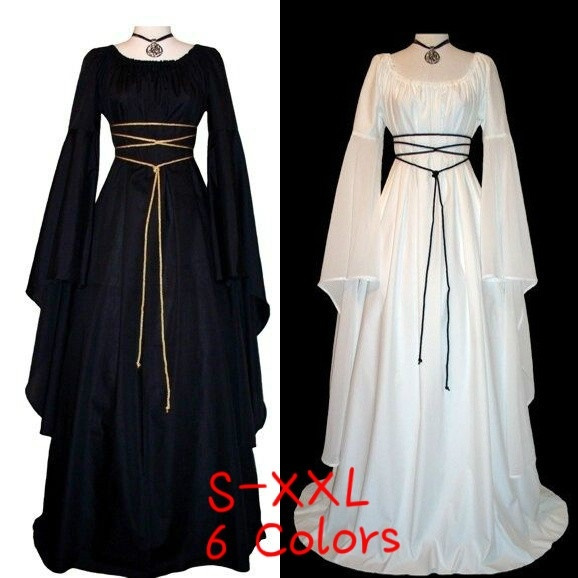 Women Medieval Renaissance Retro Gown Cosplay Costume Dress Long Lseeve ...