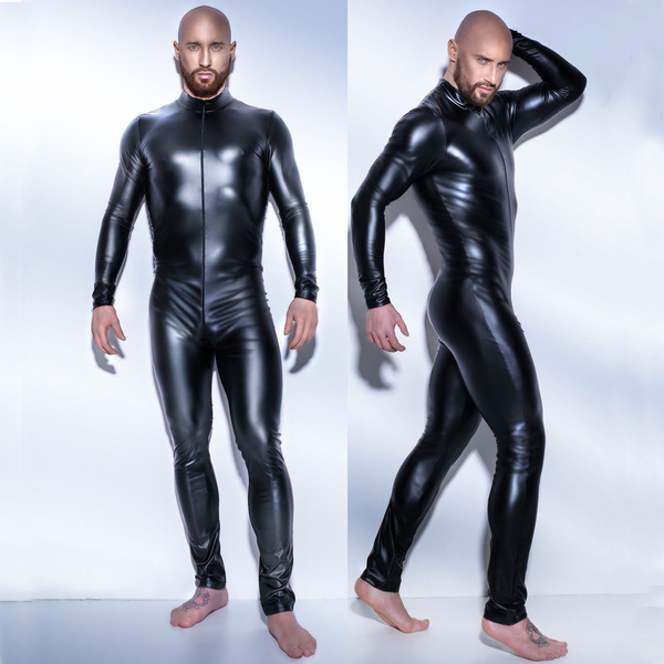 Plus Size Men Black Sexy Latex Catsuit Jumpsuit Crotch Zipper Wetlook Full  Bodysuit PVC Leather Erotic Lingerie Clubwear
