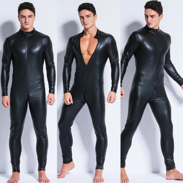Mens Wet Look Jumpsuit Zipper Bodysuit PVC Leather Catsuit Zentai Suits Clubwear 