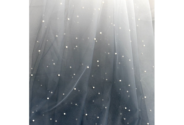 Grey blue nail pearl mesh fabric soft net fabric gradual change wedding  dress material clothing transparent cloth