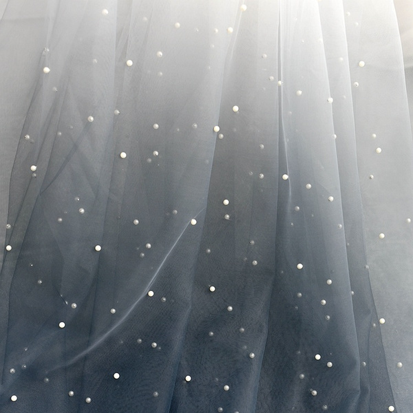 Grey blue nail pearl mesh fabric soft net fabric gradual change wedding  dress material clothing transparent cloth