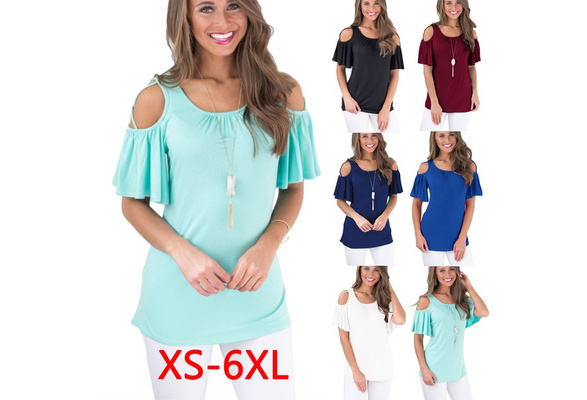 Plus Size XS-6XL Summer Womens Fashion Cold Shoulder Shirts Casual