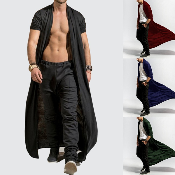 Men's Fashion Windbreaker Cool Long Coat Ankle-length Solid Color Cardigan  Short Sleeve Wind-breaker Handsome Jacket Trench Coat Summer and Autumn