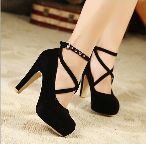 Women's Fashion Solid Color Sweet High Heels Cross Buckle Strap Shoe ...