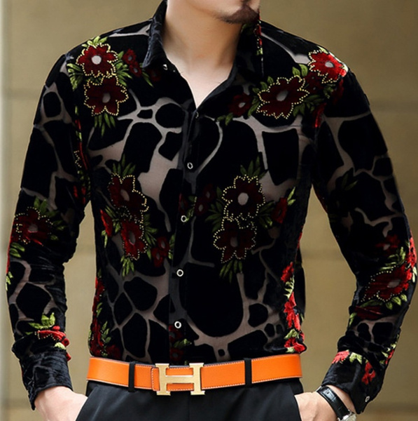 Men Lace Shirt Club Party Prom Sexy 