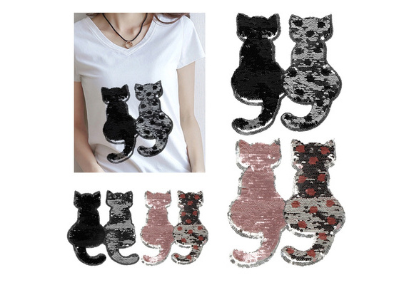 1PC 20*18cm Cute Cat Shape Reversible Change color Sequins Sew On Patch for clothes DIY Patch Applique Bag Clothing Coat Jeans Craft