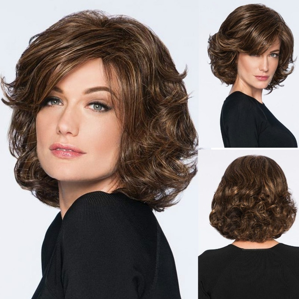 Women Fashion Short Wigs Brown Color Curly Wavy Hair Replacement