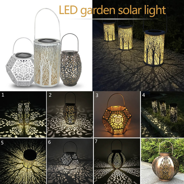 Retro LED Solar Hanging Light Hollow Metal Lantern Outdoor Garden Decor Lamp UK