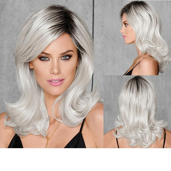 Women Fashion White Out Heat Friendly Synthetic Wigs for Women Silver White Hair Color Black into White Colored Design Full Wigs Long Wavy Hair