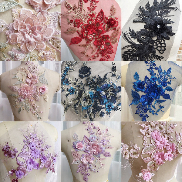 DIY Wedding Dress 3D Embroidery Flower Lace Bridal Applique Pearl Beaded  Tulle 225*115mm