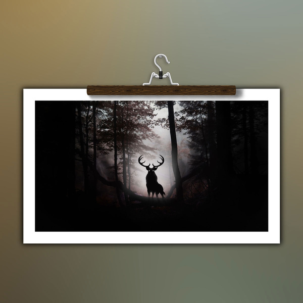 Picture Poster Wood Evil Stag in a Gothic Horror Dark Forest Framed Print 