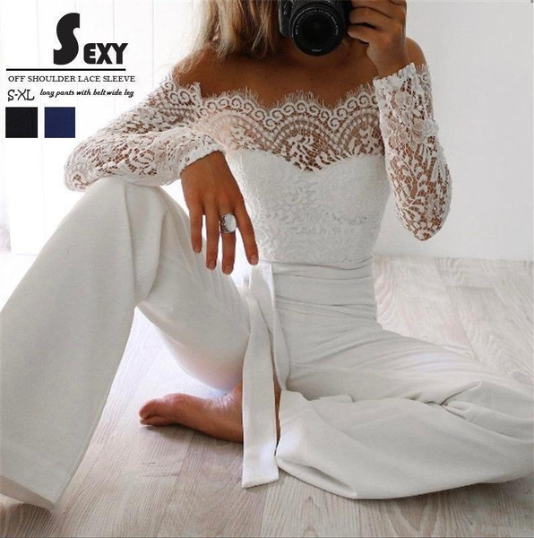 white lace off shoulder jumpsuit