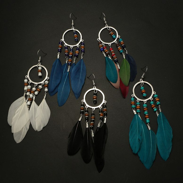 Native American Sterling Long Feather Earrings with Spiny Oyster Shell -  Ruby Lane