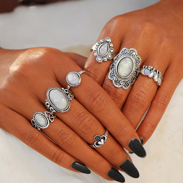 7Pcs/Set Vintage Bohemian Rings Set Gemstone Knuckle Rings Midi Rings Jewelry 
