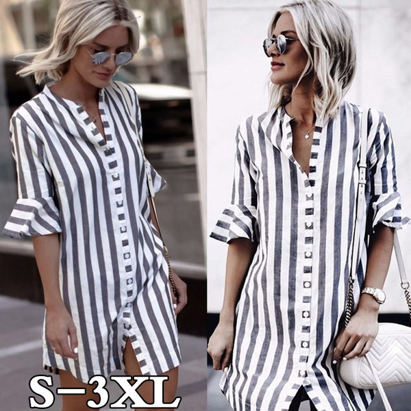 Women Striped Long Shirt Black and White Stripe Shirt Half Sleeve