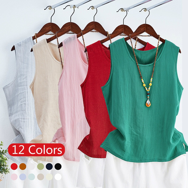 Womens Soft Linen Viscose Vest Tank Top Summer Sleeveless Tshirt