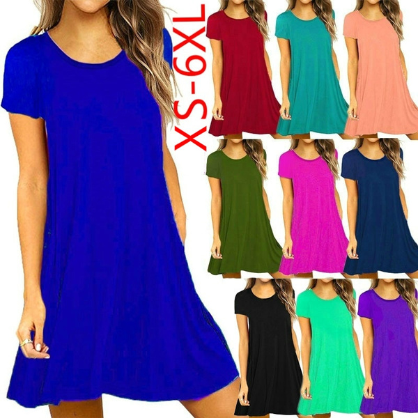 Women Summer Casual Short Sleeve Tunic Dress Loose Solid Color Cotton ...
