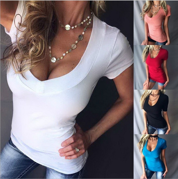 Sexy Women Fashion Cleavage Deep Plunge V-Neck Basic Stretch Wrap Tops T- shirt