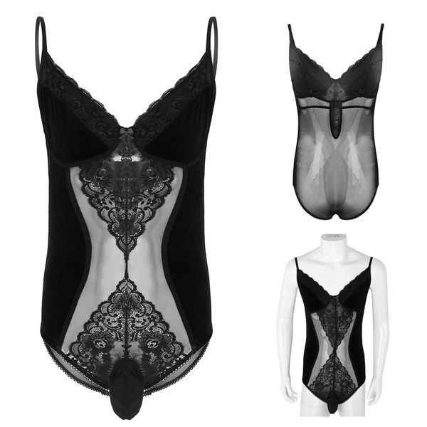 Mens One-Piece Lingerie Lace Black Sissy Bodysuit Nightwear