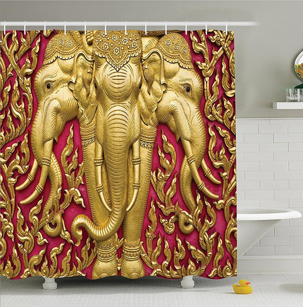 Elephant Sitting On Toilet Fabric Shower Curtain Bathroom & 71" With Hooks