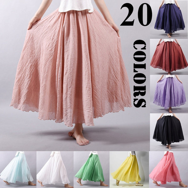 20 Colors Women A Line Double Layer Linen Maxi Skirt Pleated Vintage Boho  Long Casual Cotton Beach Skirt | Wish
