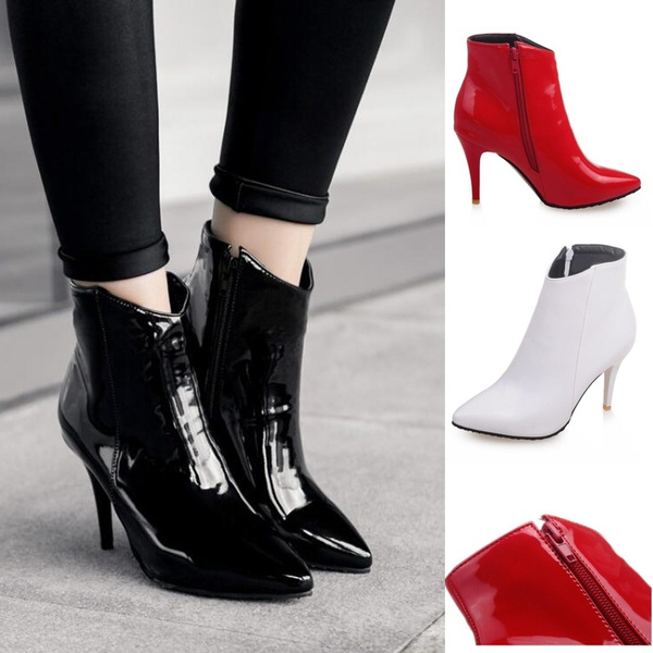 Women's Patent Leather Ankle Boots Chunky Heels Pointed Toe Party