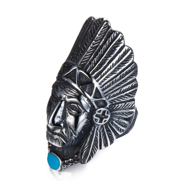 Details about   Stainless Steel Indian Chief Tribe Ring with Turquoise Stone Inlaid Biker Punk