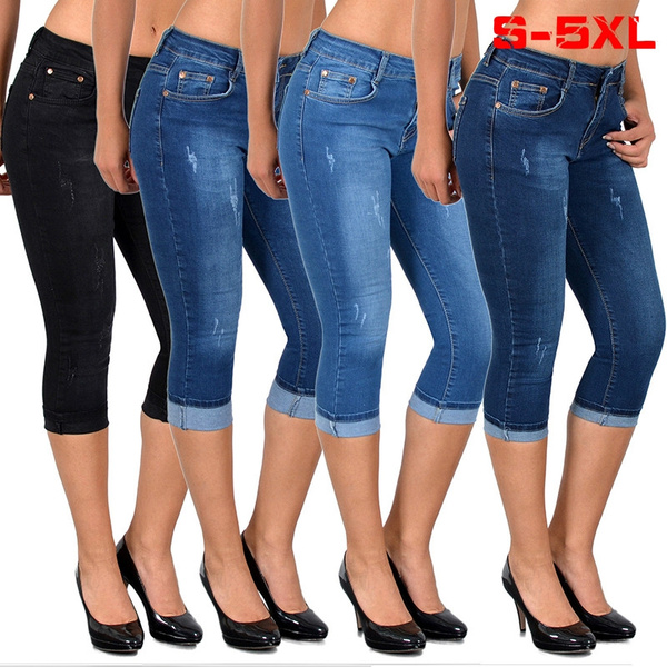 New Fashion Women Casual Shorts Jeans Skinny Calf-Length Solid