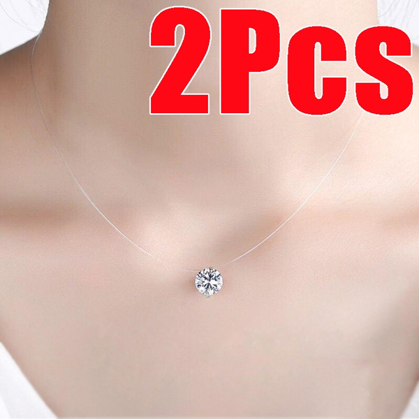 2Pcs Charm Jewelry Pendant Choker Simple For women girl Transparent Fishing  Line Invisible Crystal Zircon Necklace Necklace 8mm Jewelry Silver color  Chain Dazzling