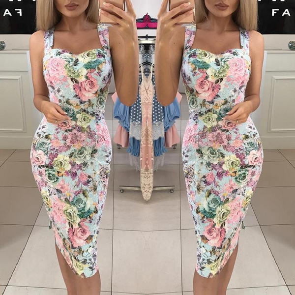 floral print sweetheart neck bodycon dress
