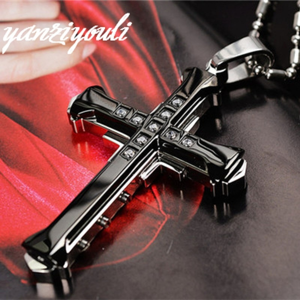 Stainless Steel Crystal Cross Crucifix Pendant Necklace