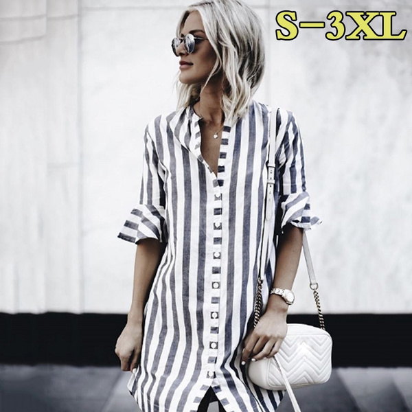 Striped Long Shirts Women Knee Length Half Sleeve Button Shirt Dress Casual  Loose Plus Size Ladies Blouses