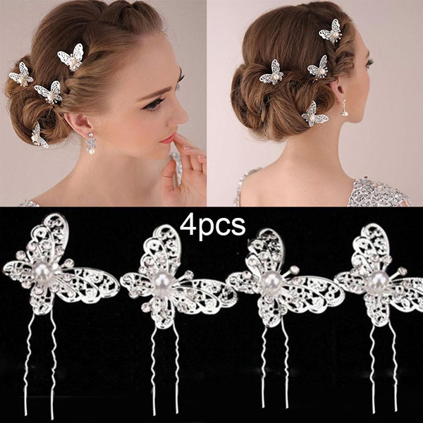 4Pcs New Bride Gold Silver Butterfly Hair Pin Wedding Dress Costume ...