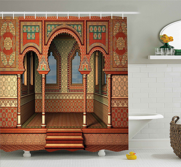 Fabric Bathroom Decor Set With Hooks, Arabesque Shower Curtain
